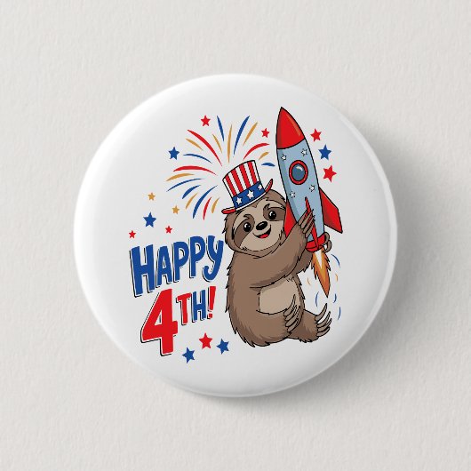 Sloth Happy 4th Rocket Fireworks USA Button (Vorderseite)