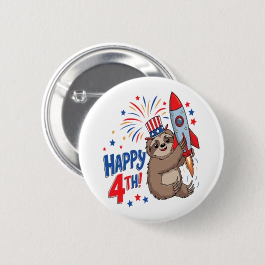 Sloth Happy 4th Rocket Fireworks USA Button (Vorne & Hinten)