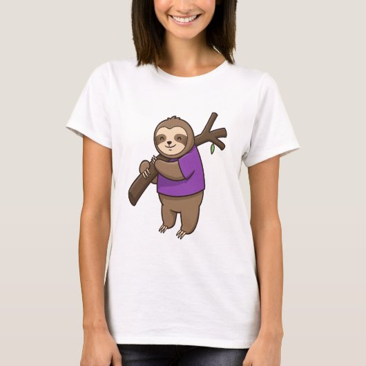 Sloth Hugging Tree Branch Wearing Purple T-Shirt (Vorderseite)