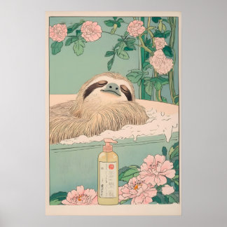 Sloth in Bathtub Ukiyo-e Print Japandi Bathroom Poster