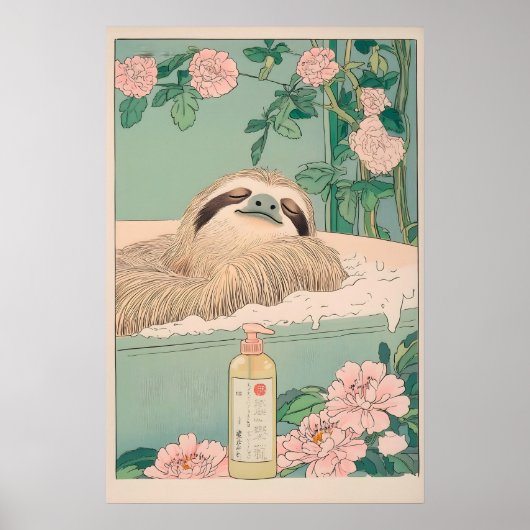 Sloth in Bathtub Ukiyo-e Print Japandi Bathroom Poster (Vorne)