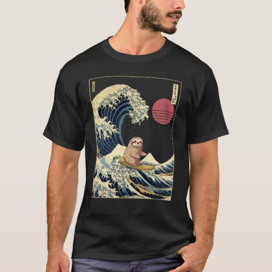 Sloth Kanagawa Japanese Surfing Wave T-Shirt (Vorderseite)