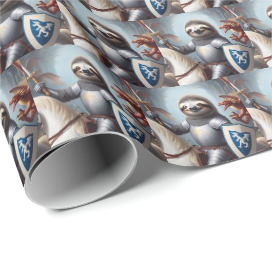 Sloth Knight Fighting Dragons Geschenkpapier (Rolleneckpunkt)