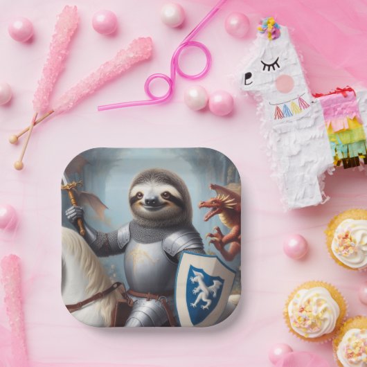 Sloth Knight Fighting Dragons Pappteller (Party)