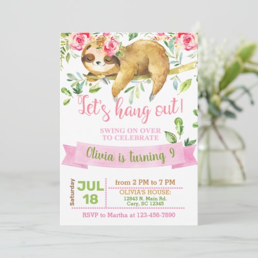 Sloth lasst uns Mädchen-Einladung aushängen. Einla Einladung (Stehend Vorderseite)
