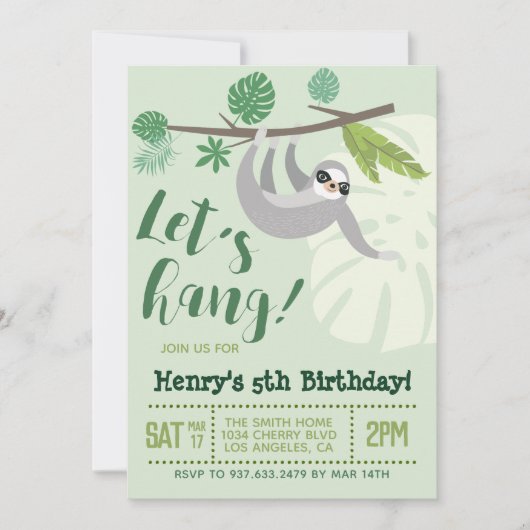 Sloth Let's Hang Birthday Einladung (Vorderseite)
