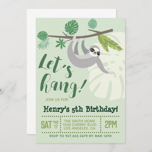 Sloth Let's Hang Birthday Einladung (Vorne/Hinten)