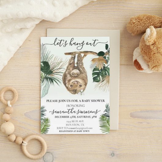 Sloth Let's Hang Out Baby Shower Watercolor Blätte Einladung