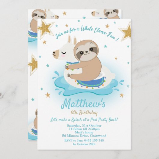 Sloth Llama Pool Party Geburtstag Einladung Boys (Vorne/Hinten)