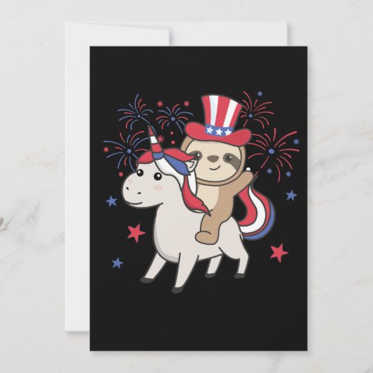 Sloth mit Unicorn für Amerikanische Unabhängigkeit Einladung (Vorderseite)