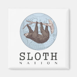 Sloth on Tree and Globe mit Sloth Nation Text Magnet