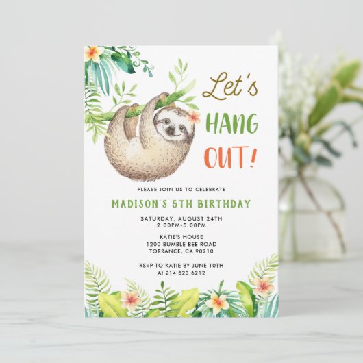 Sloth Party | Hanging Sloth Girl Birthday Party Einladung (Stehend Vorderseite)