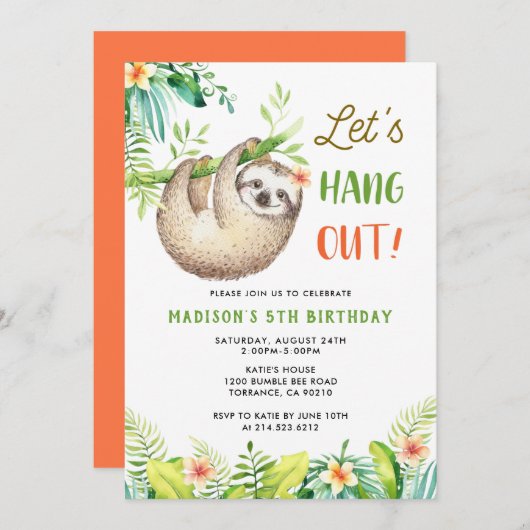 Sloth Party | Hanging Sloth Girl Birthday Party Einladung (Vorne/Hinten)
