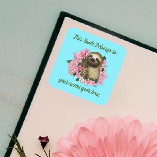 Sloth Pink Blume Buchzeichen Quadratischer Aufkleber
