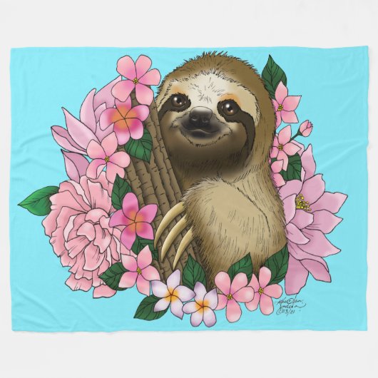 Sloth Pink-Blume Fleecedecke (Vorderseite (Horizontal))