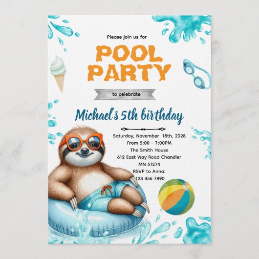 Sloth Pool Party Birthday Invite Einladung (Vorderseite)