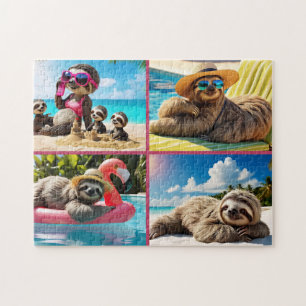 Sloth Pool Party Collage Funny Relaxing Beach Puzzle