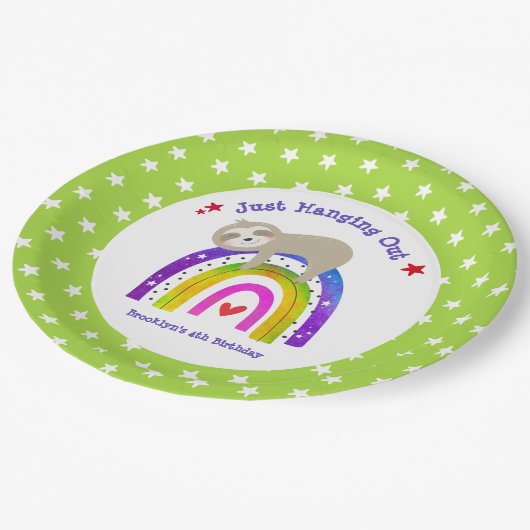 Sloth Rainbow Birthday Green Kawaii Niedlich Boho Pappteller (Schrägansicht)