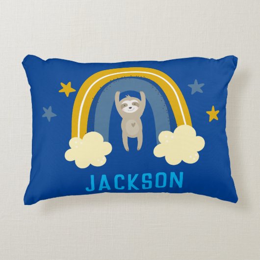 Sloth Rainbow Navy Blue Personalize Name Dekokissen (Vorderseite)