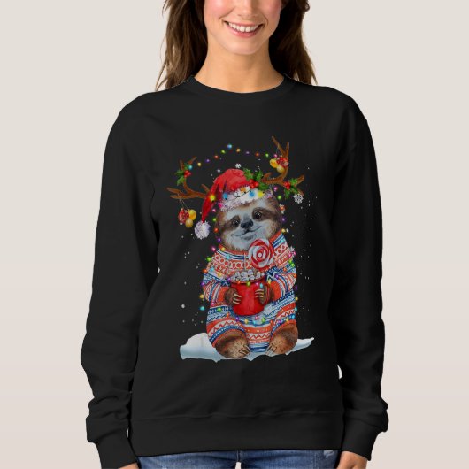 Sloth Reindeer Santa Hat Xmas Lights Christmas Xma Sweatshirt (Vorderseite)