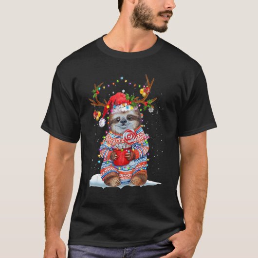 Sloth Reindeer Santa Hat Xmas Lights Christmas Xma T-Shirt (Vorderseite)