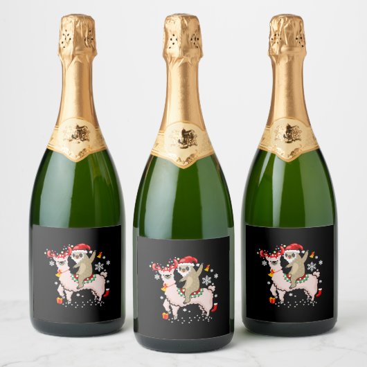 Sloth Riding Llama Santa Reindeer Weihnachtsgesche Schaumweinetikett (Flaschen)