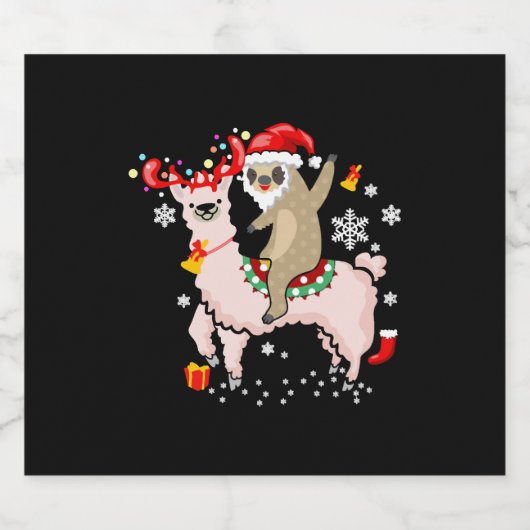 Sloth Riding Llama Santa Reindeer Weihnachtsgesche Schaumweinetikett (Einzelnes Label)