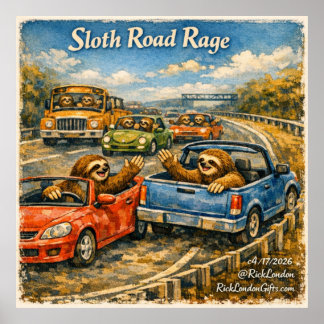 Sloth Road Rage – Rockwell‑Inspired Watercolor Car Poster