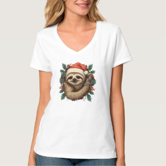 Sloth Santa Claus Weihnachten Niedlicher Cartoon T-Shirt
