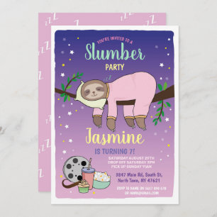 Sloth Slumber Party Birthday Pink Movies Popcorn Einladung