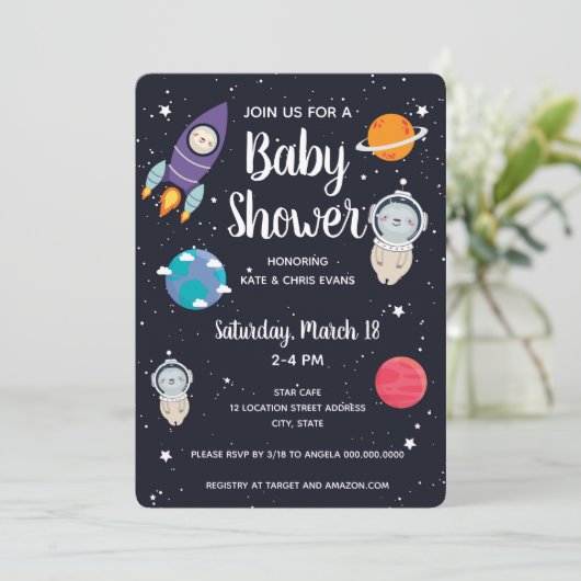 Sloth Space Navy Galaxy Babydusche Einladung (Stehend Vorderseite)