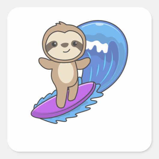 Sloth Surf Waves Riding Sweet Sloths Quadratischer Aufkleber (Vorderseite)