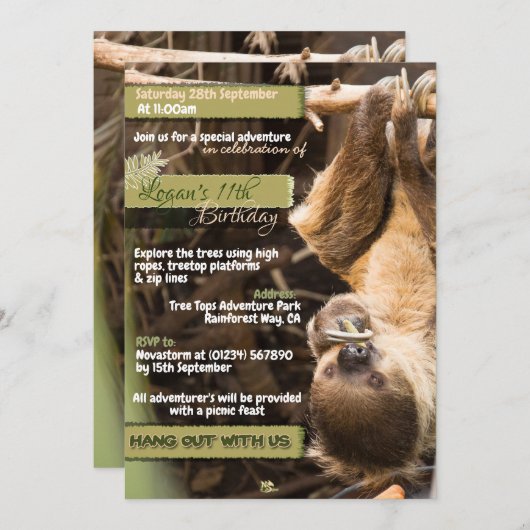 Sloth Tree Tops Adventure Einladungen (Vorne/Hinten)