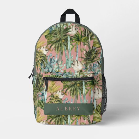 Sloth Tropical Rainforest Jungle Cactus Pink Bedruckter Rucksack (Vorderseite)