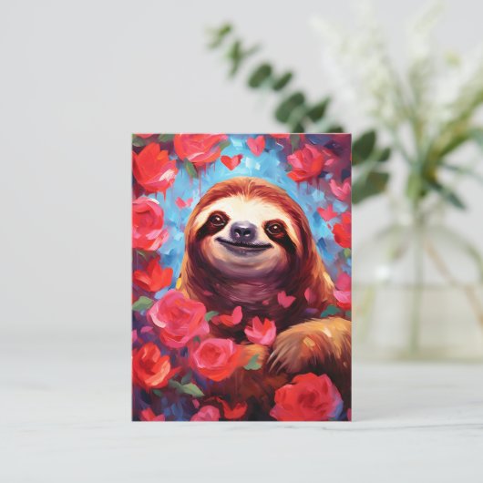 Sloth Valentinstag Postkarte (Stehend Vorderseite)