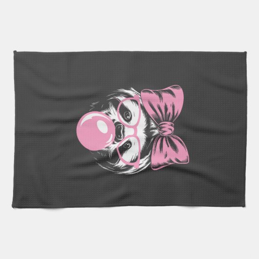 Sloth Wearing Glasses and Blowing Pink Bubble Gum  Geschirrtuch (Horizontal)