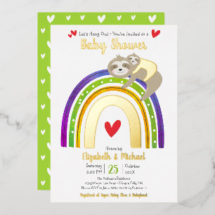 Sloths Rainbow Hört Niedlich Baby Shower Real Gold Folieneinladung