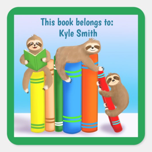 Sloth's Reading Books Personalisiertes Buchzeichen Quadratischer Aufkleber (Vorderseite)