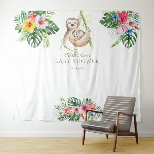 SlothTropical Floral Baby Shower Foto Booth Prop Wandteppich (Beispiel (Horizontal))