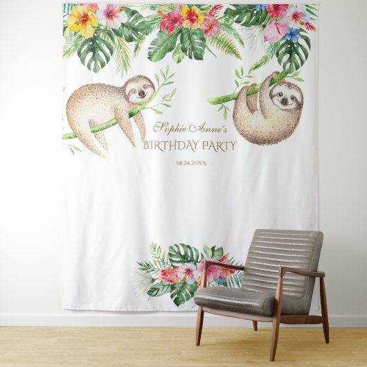 SlothTropical Floral Birthday Foto Booth Prop Wandteppich (Beispiel)