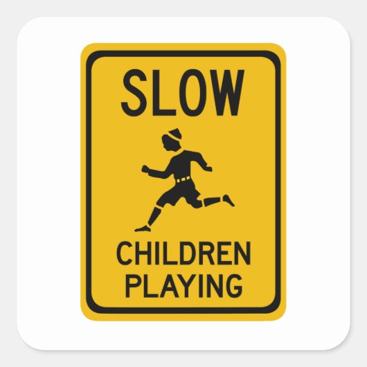 Slow - Children Playing, Traffic Warning Sign, USA Quadratischer Aufkleber (Vorderseite)