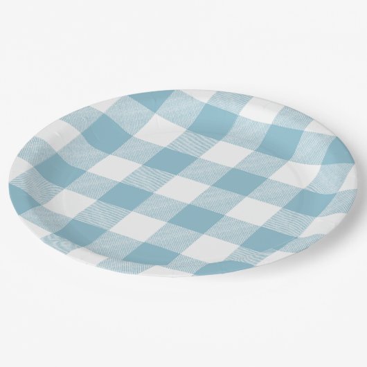 Slow-Living Ice Blue Check Pappteller (Schrägansicht)