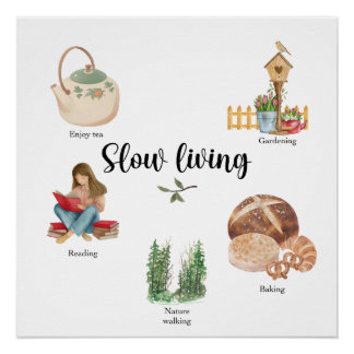 Slow Living Watercolor Illustration – Cozy Cotage Poster