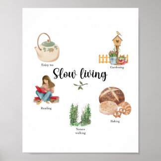 Slow Living Watercolor Illustration – Cozy Cotage Poster