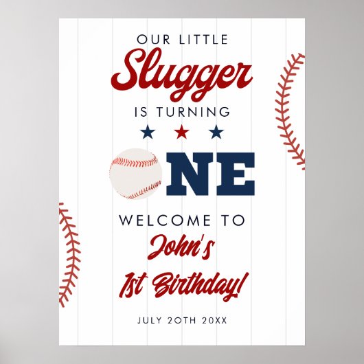 Slugger Baseball 1. Geburtstag Willkommensschild Poster (Vorne)