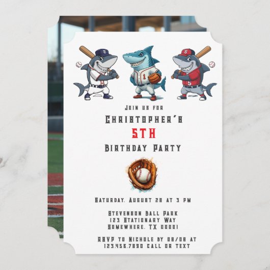 Slugger Shark Birthday Bash Foto Einladung (Vorne/Hinten)