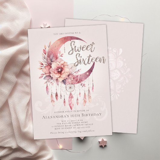 Slumber Party Boho Dreamcatcher Crystals Sweet 16 Einladung