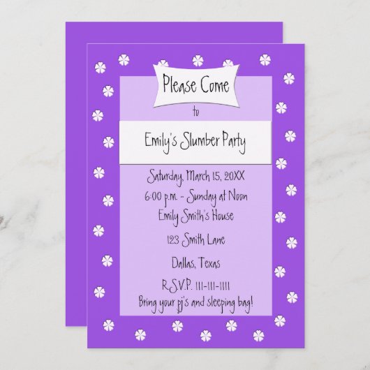 Slumber-Party Einladung Niedliches Lila Bett (Vorne/Hinten)