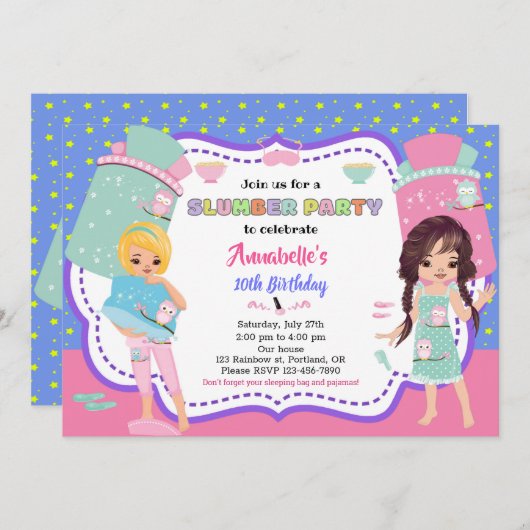 Slumber Party Einladung Sleepover Geburtstag laden (Vorne/Hinten)