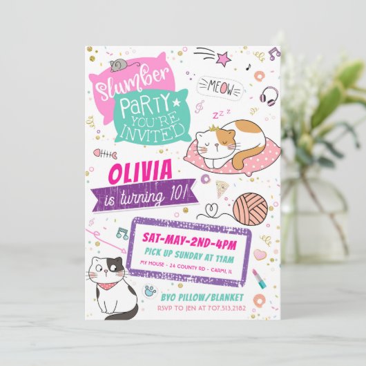 Slumber Party Geburtstagseinladungen - Kitty Cat (Stehend Vorderseite)